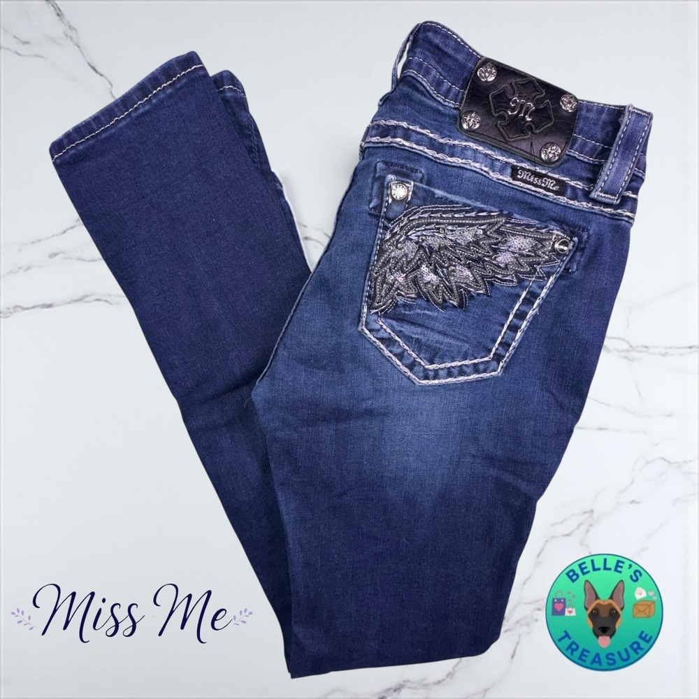 Miss Me Jeans Womens 28 Mid‎ Rise Skinny Dark Wash Angel Wing Pocket Denim 29x31